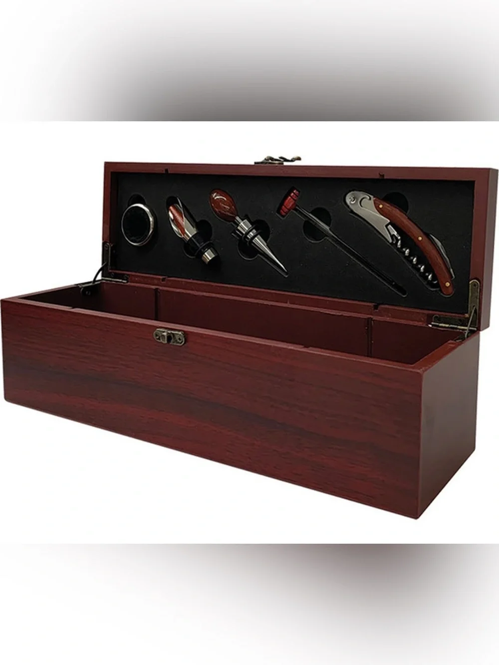 NWT Deluxe Wood Wine Gift Box Case with 5-Piece Sommelier Tool Accessory Set